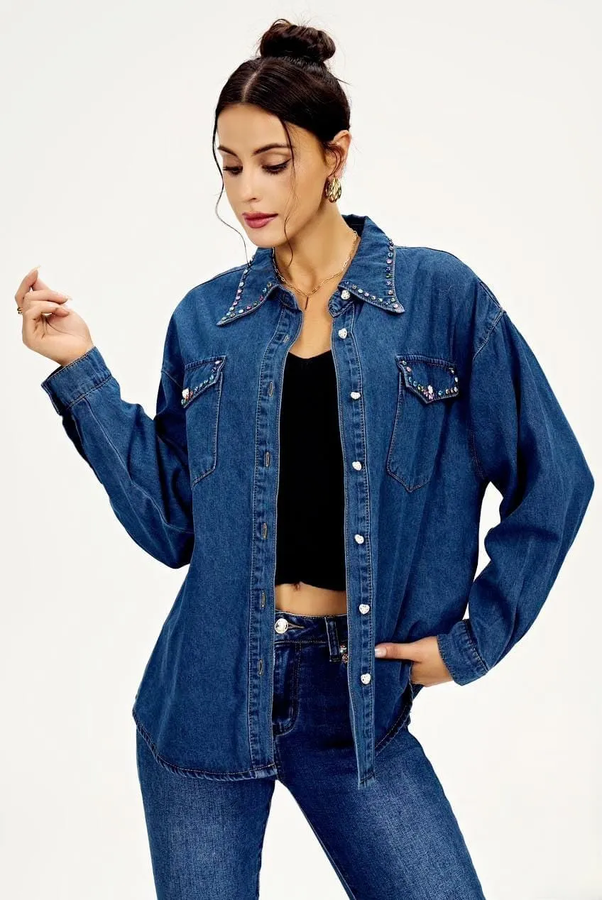 (3p. pack) Coloured Crystal and Pearl Cotton Denim Shirt