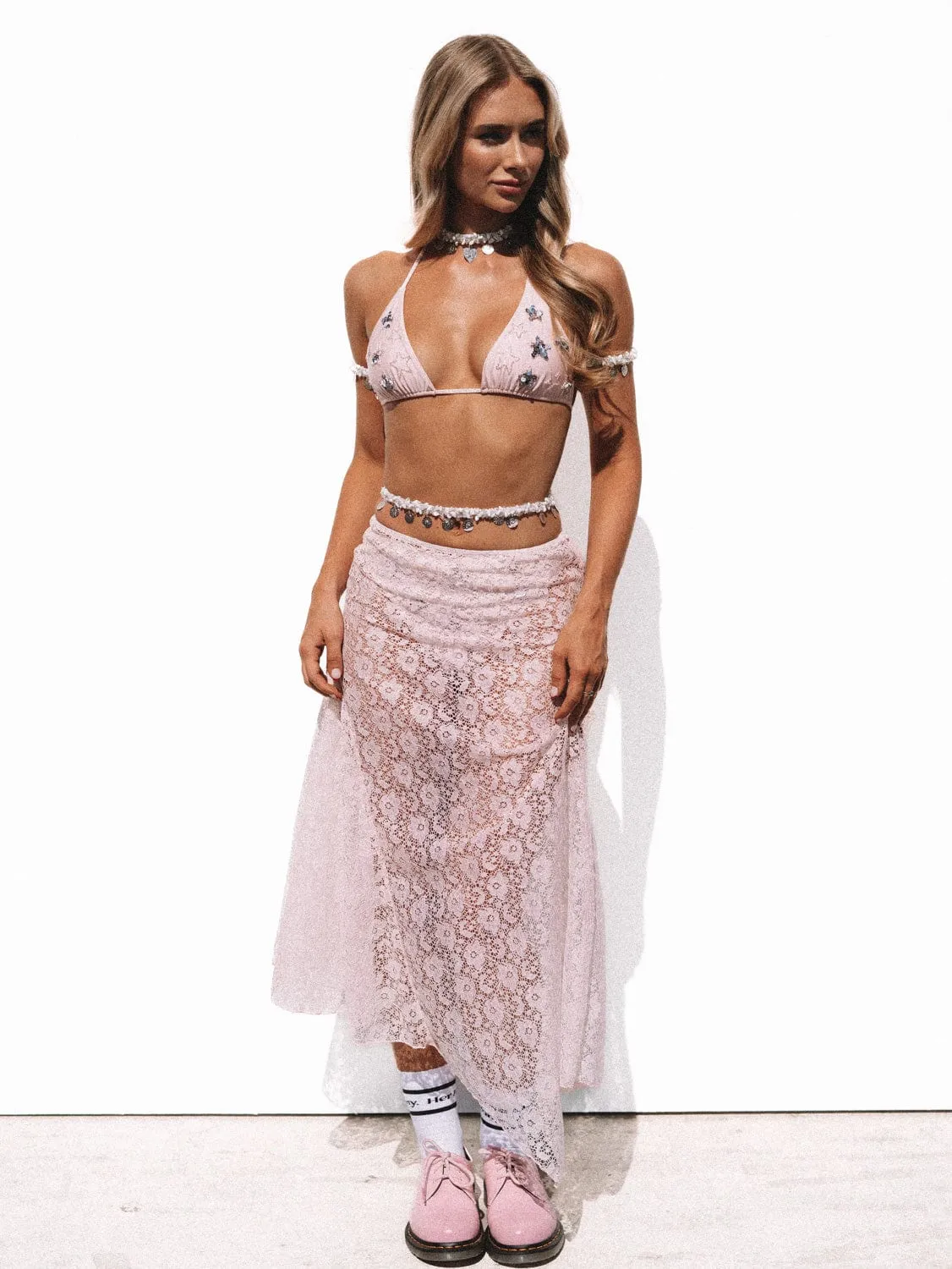 AURORA MIDI SKIRT - PINK LACE