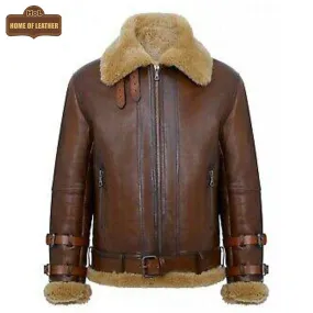 B021 Men's Real Shearling Sheepskin Leather Pilot Aviator Flying Jacket