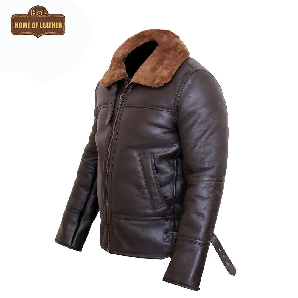 B024 Fur Shearling Men Warm Bomber Brown Genuine Leather Jacket Winter Coat