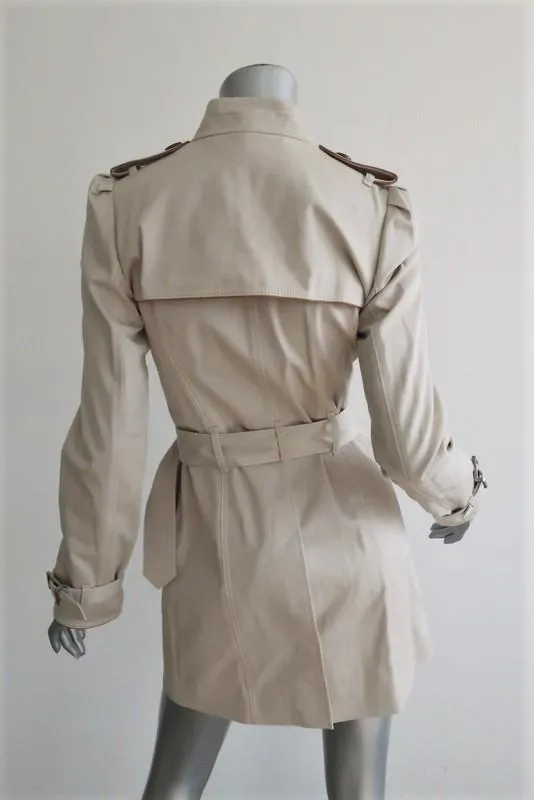 Barbara Bui Trench Coat Beige Leather-Trim Stretch Twill Size Extra Small NEW