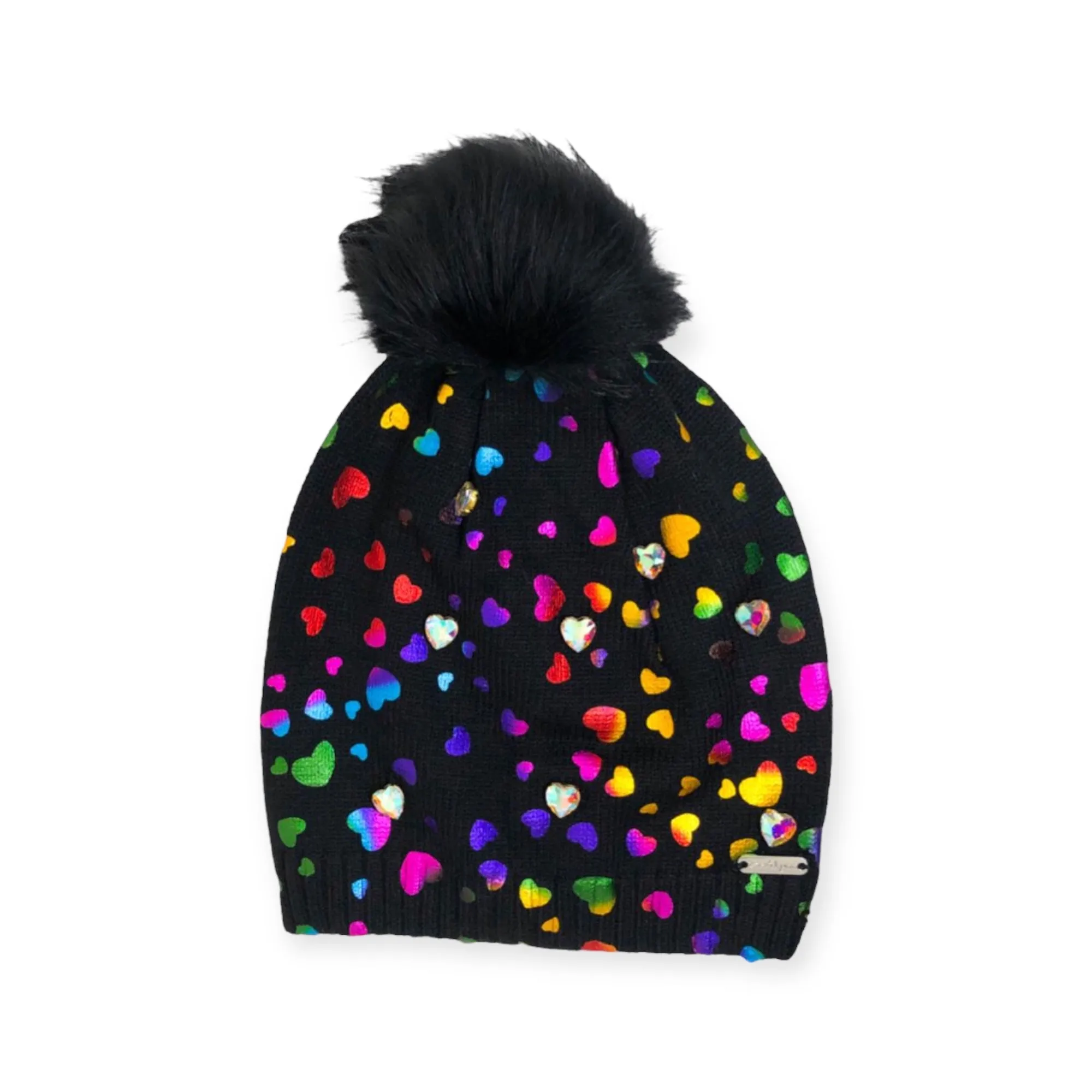 Bari Lynn Shimmer Heart Hat w/ Jewels & Fur Pom