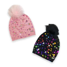 Bari Lynn Shimmer Heart Hat w/ Jewels & Fur Pom