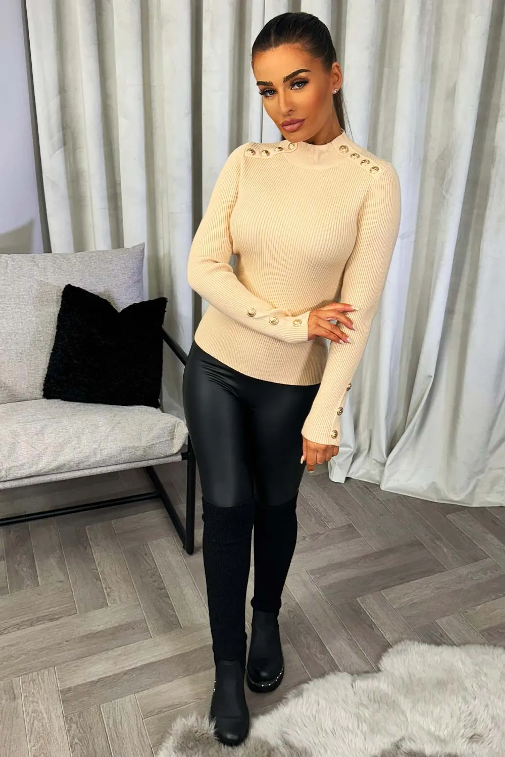 Beige Knitted Ribbed Jumper With Gold Buttons