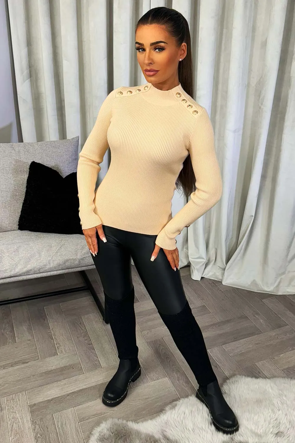 Beige Knitted Ribbed Jumper With Gold Buttons