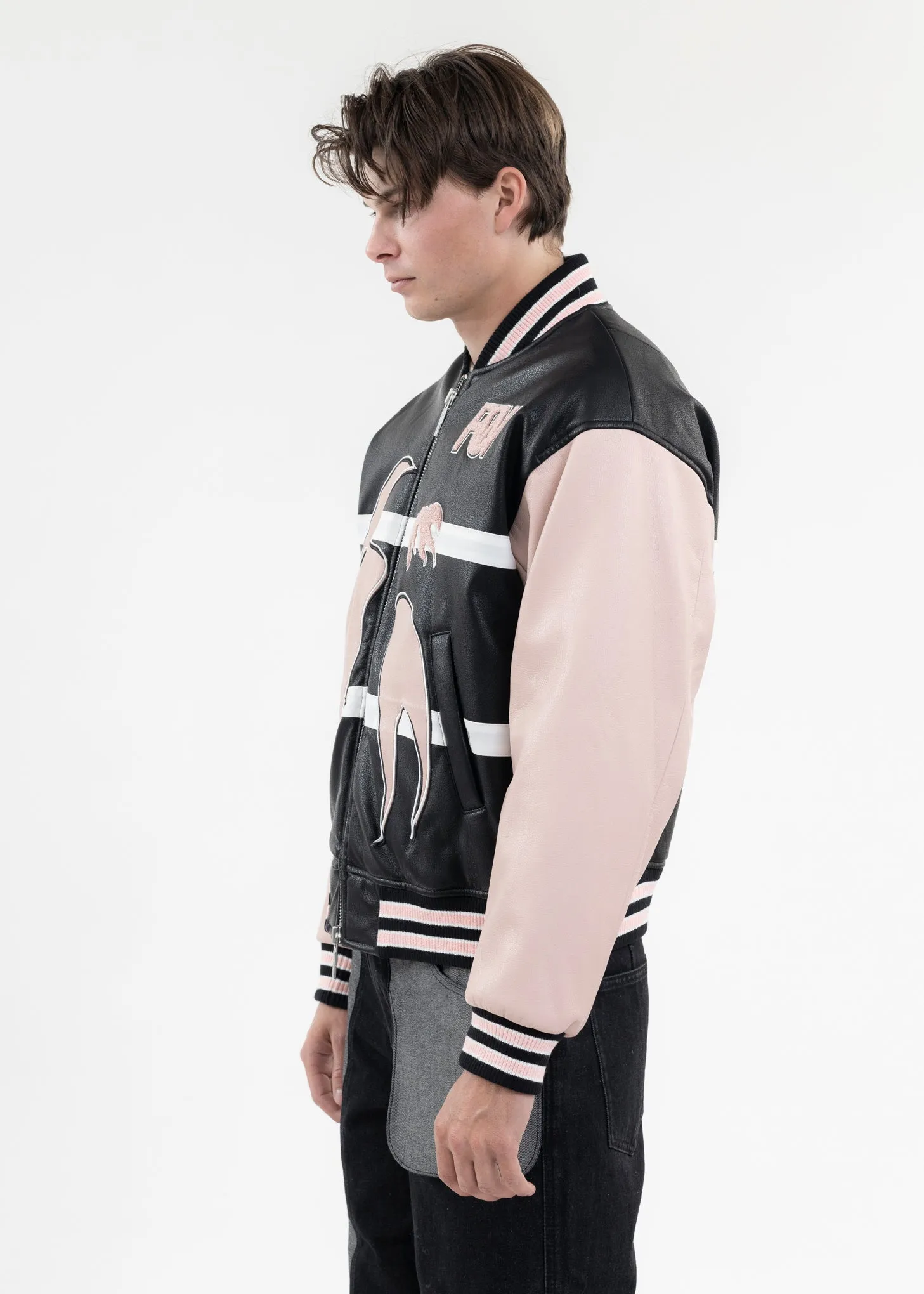 BLACK AND PINK BOMBER JACKET WITH PHOENIX EMBROIDERY