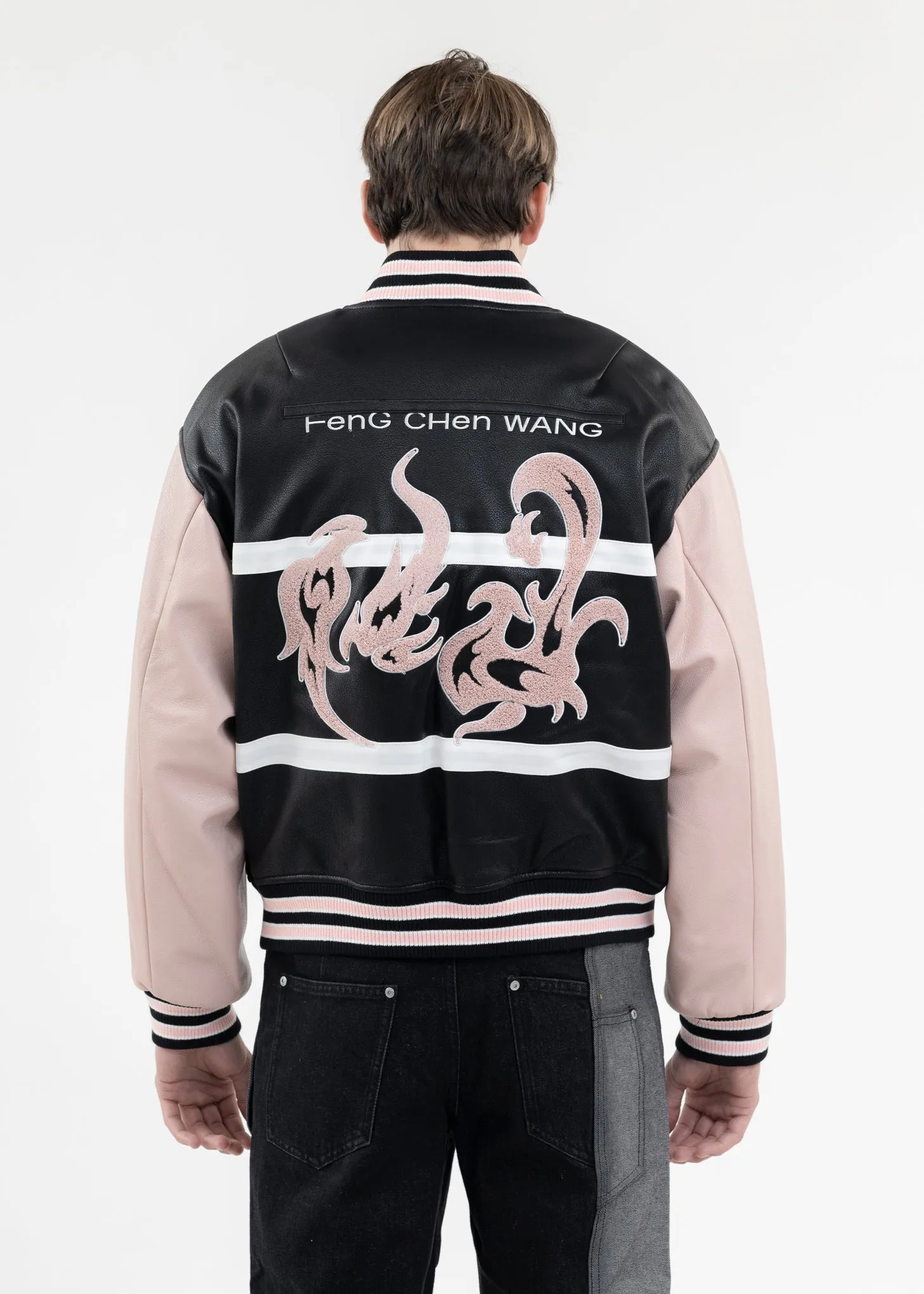 BLACK AND PINK BOMBER JACKET WITH PHOENIX EMBROIDERY