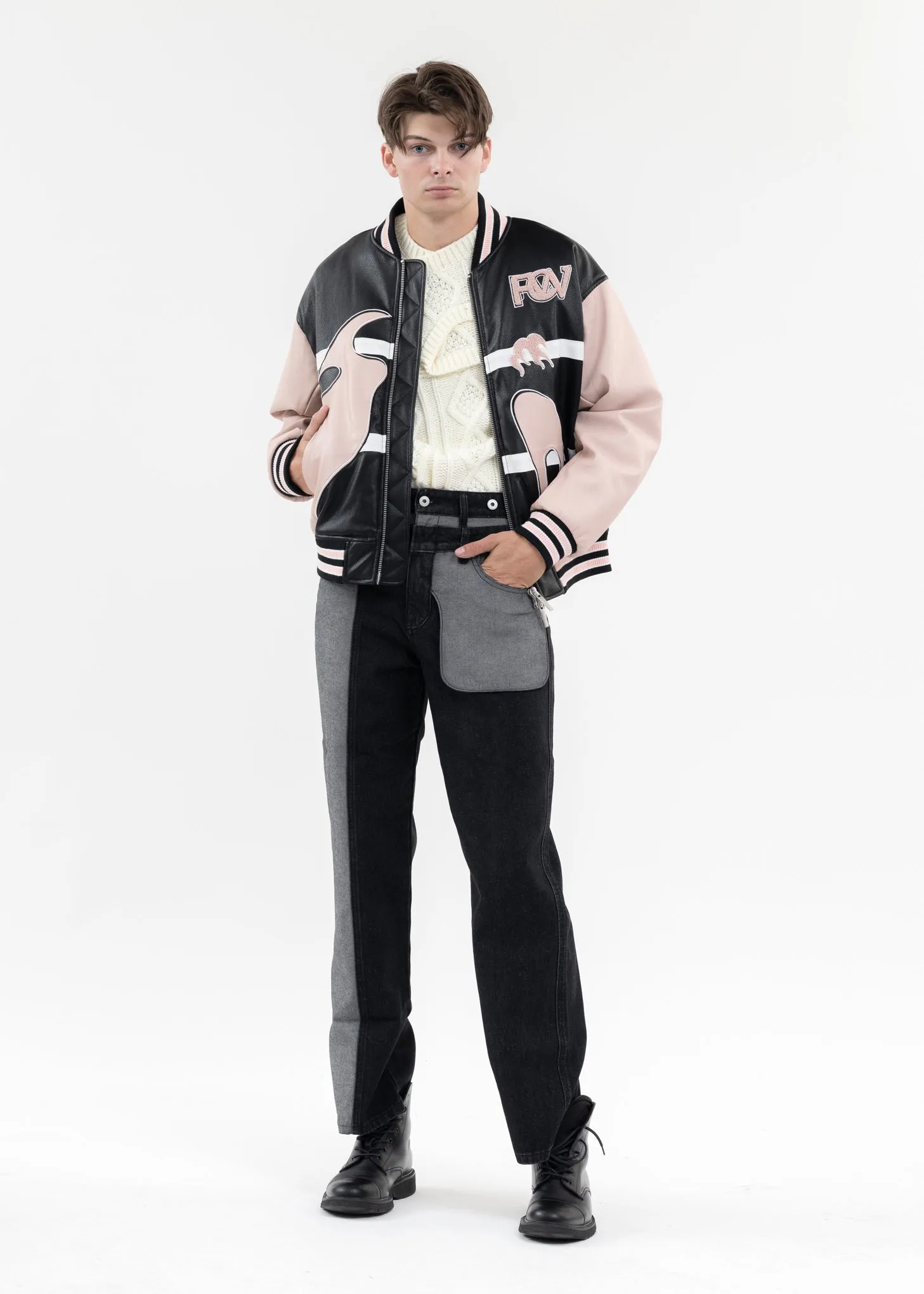 BLACK AND PINK BOMBER JACKET WITH PHOENIX EMBROIDERY