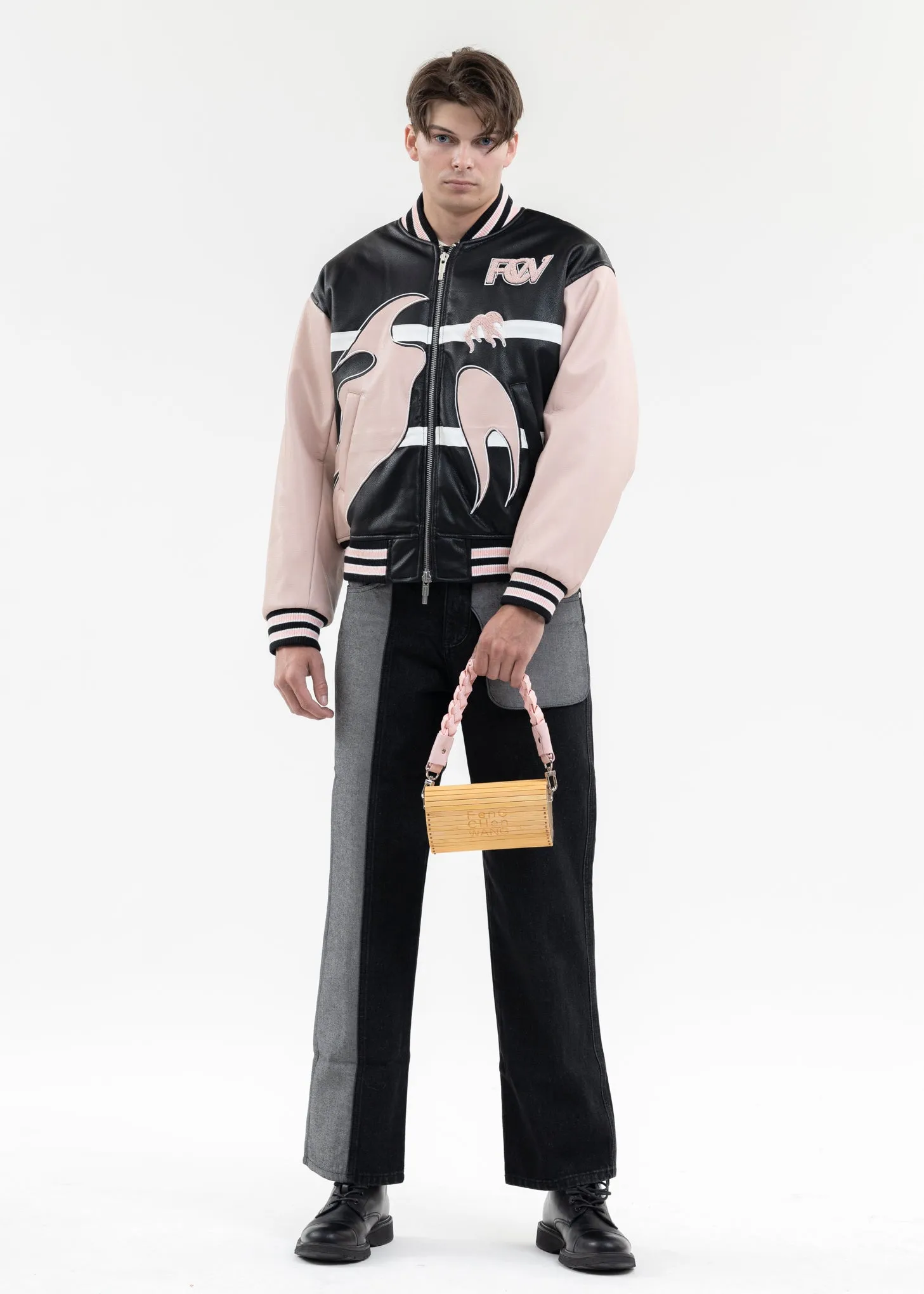BLACK AND PINK BOMBER JACKET WITH PHOENIX EMBROIDERY