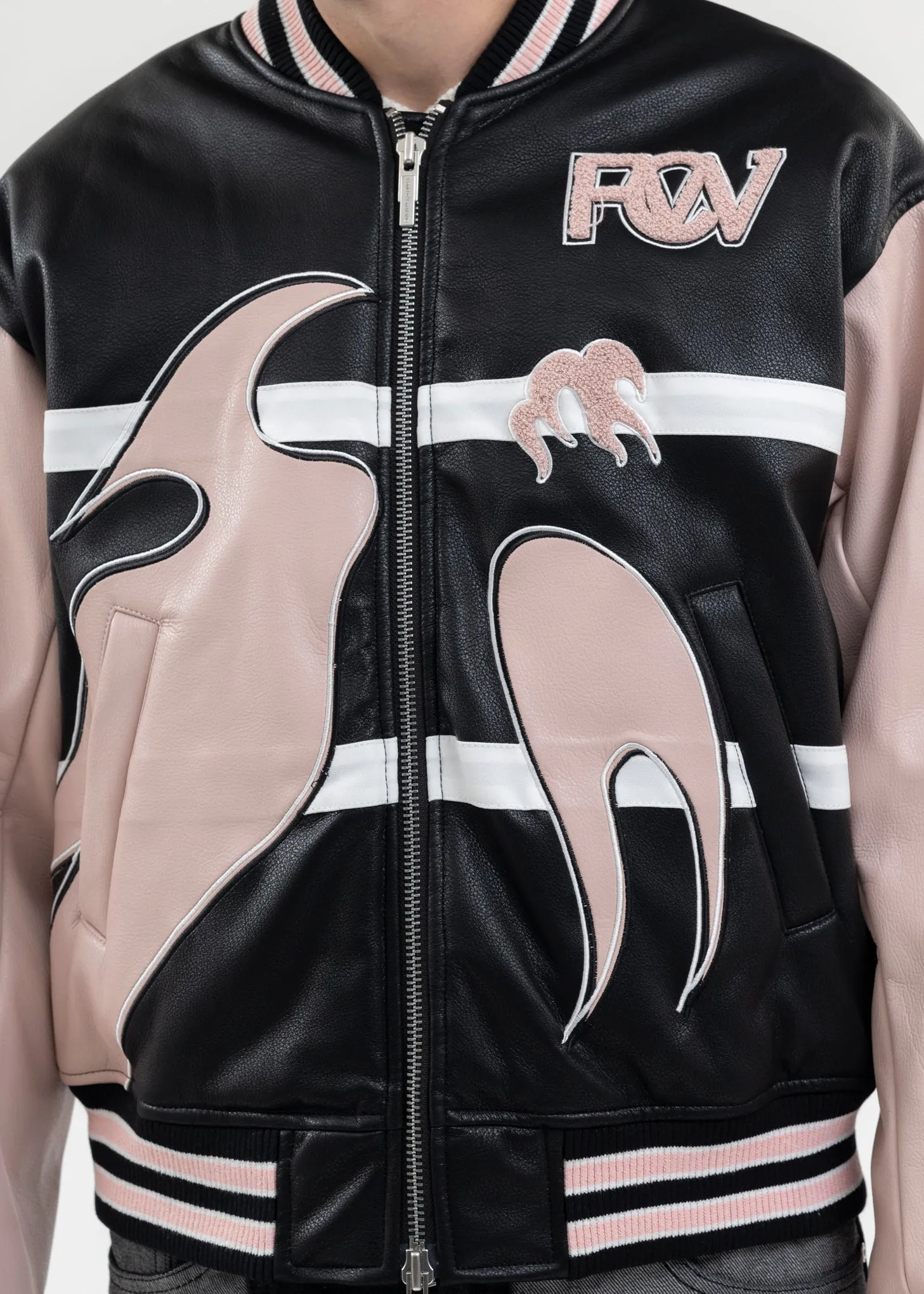 BLACK AND PINK BOMBER JACKET WITH PHOENIX EMBROIDERY