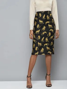 Black Scuba Cheetah Print Pencil Skirt