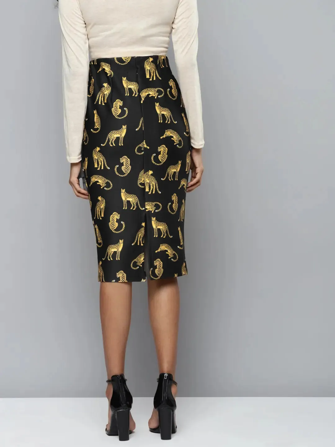 Black Scuba Cheetah Print Pencil Skirt