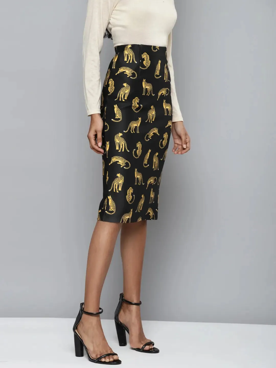 Black Scuba Cheetah Print Pencil Skirt