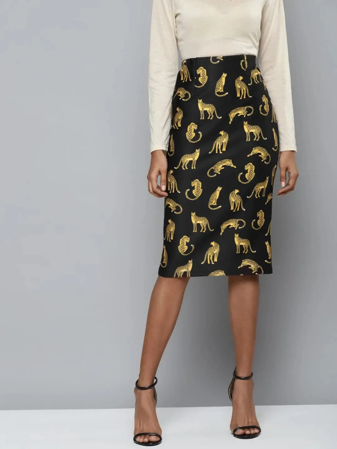 Black Scuba Cheetah Print Pencil Skirt