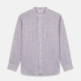 Blue & Red Linen Stripe Weekend Fit Shirt with Stand Collar