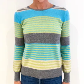 Blue, Green and Grey Striped Cashmere Crew Neck Jumper Small