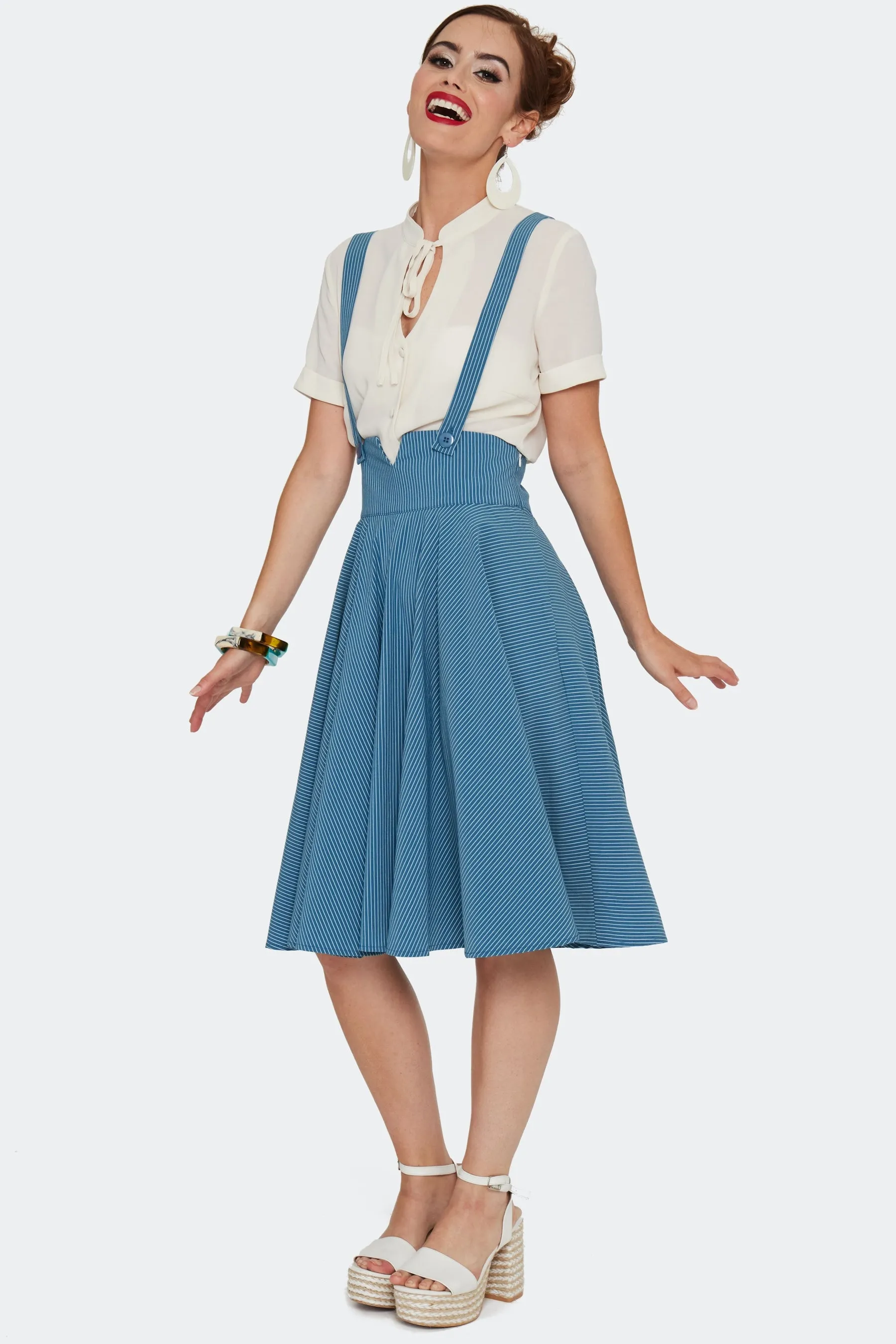 Blue Pinstripe High Waisted Phoebe Skirt by Voodoo Vixen