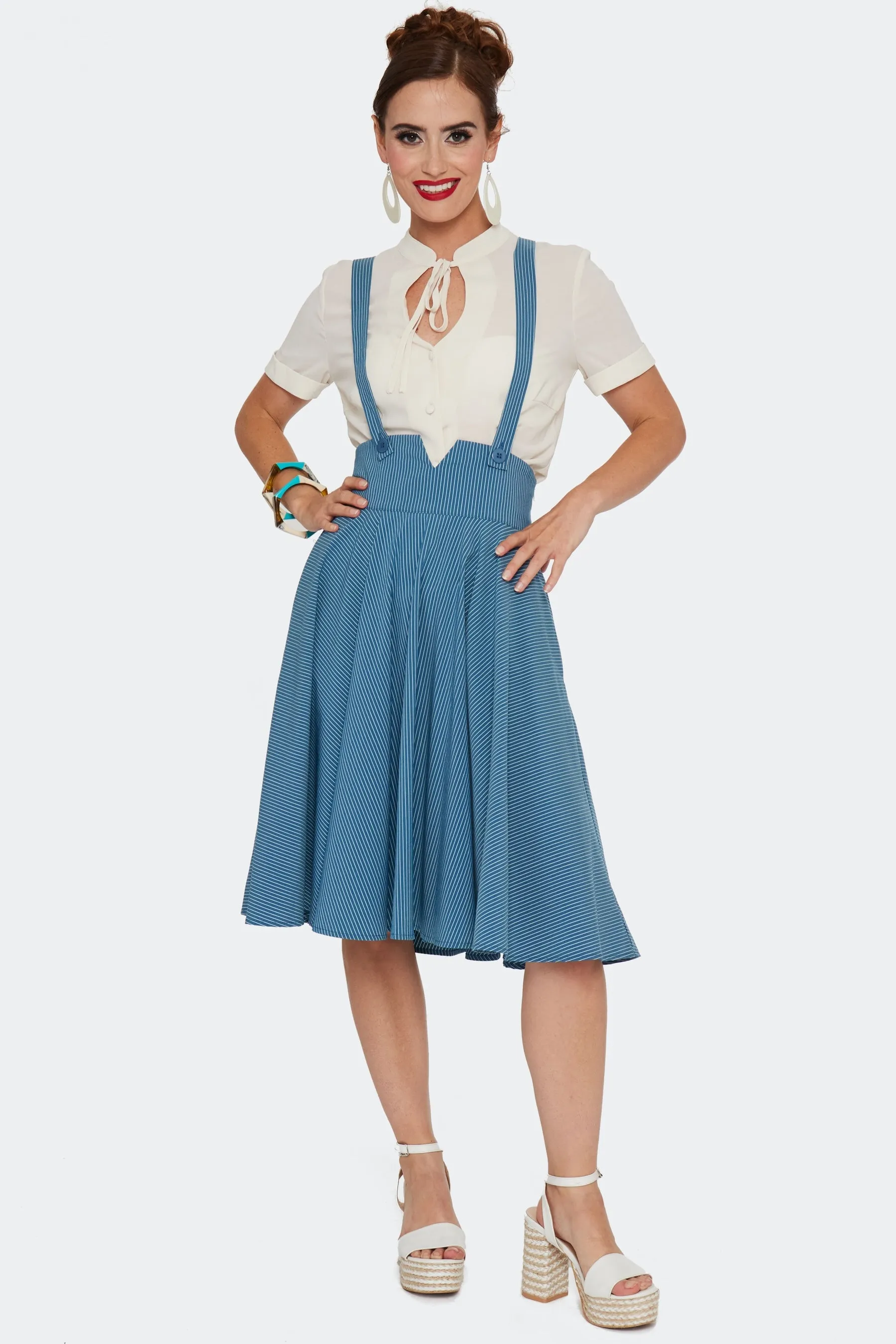 Blue Pinstripe High Waisted Phoebe Skirt by Voodoo Vixen