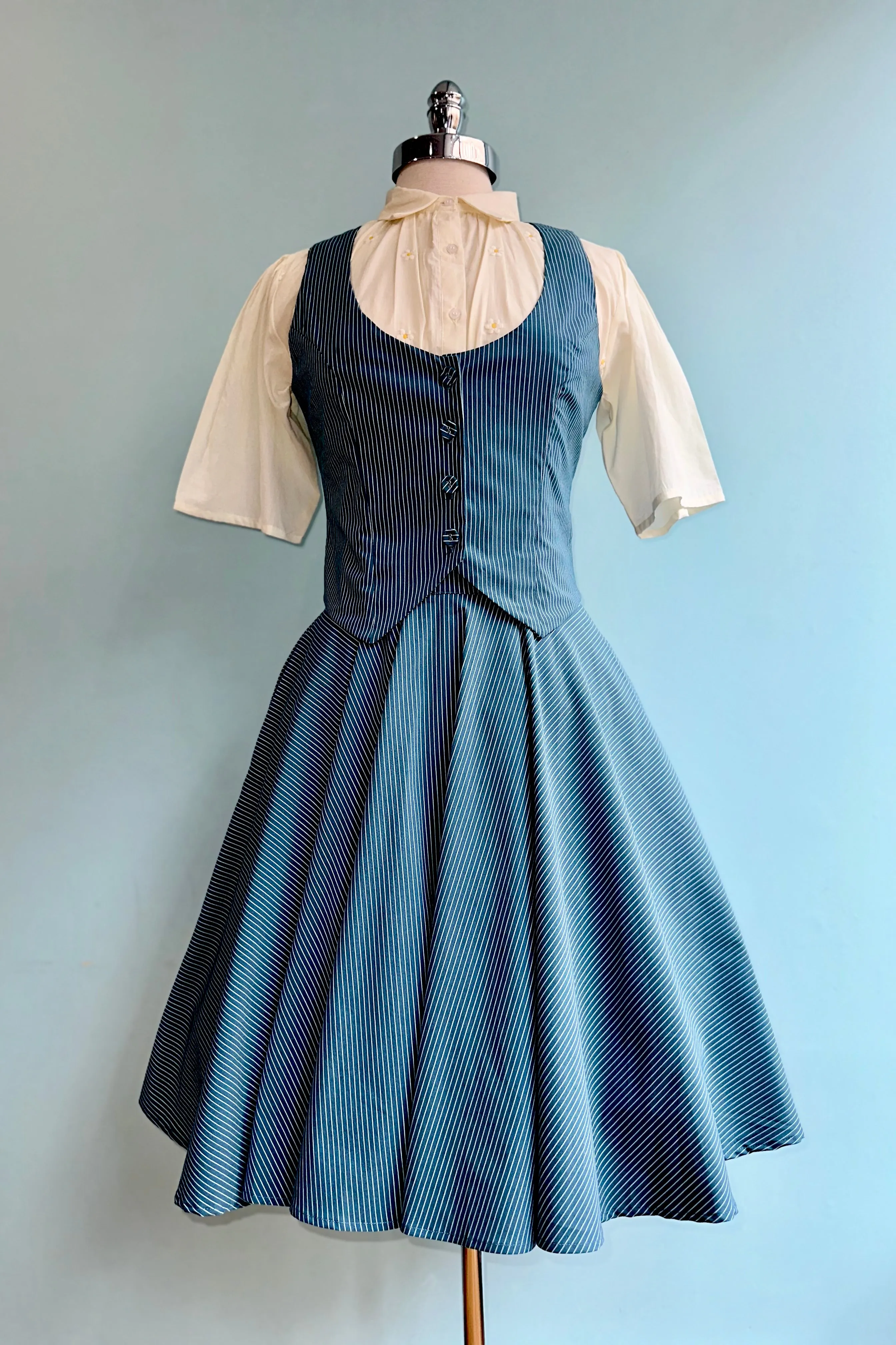 Blue Pinstripe High Waisted Phoebe Skirt by Voodoo Vixen