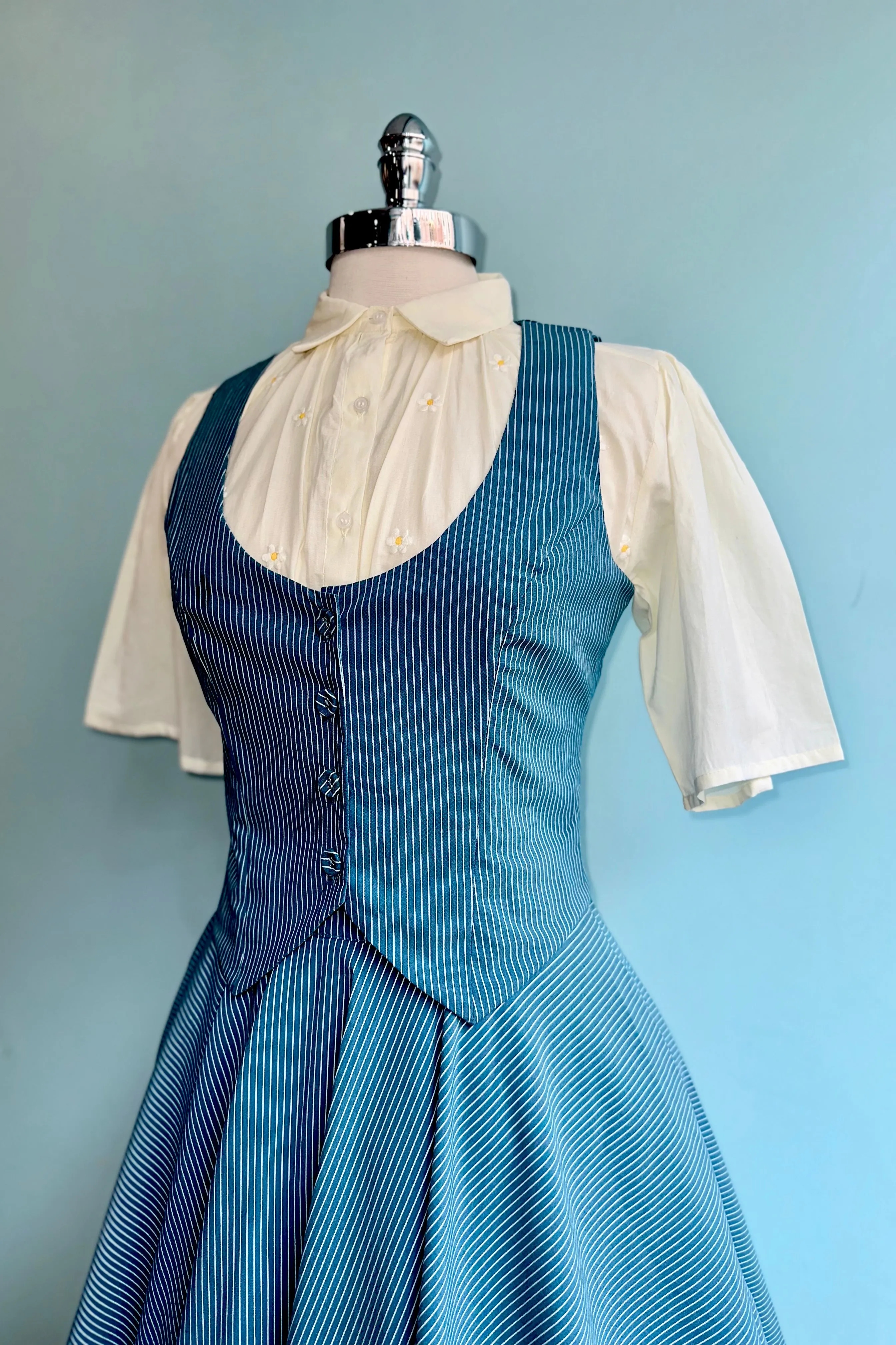 Blue Pinstripe High Waisted Phoebe Skirt by Voodoo Vixen