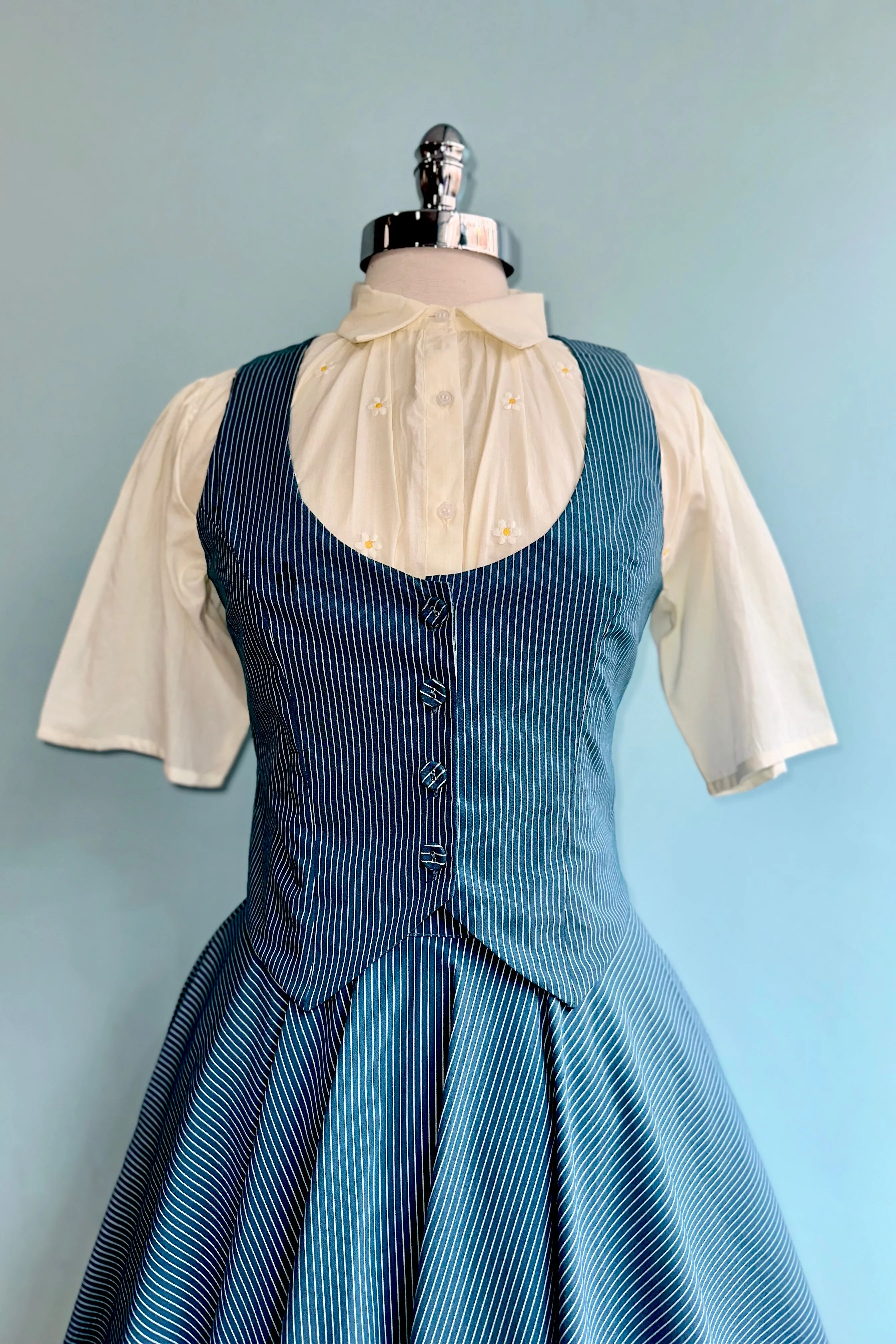 Blue Pinstripe High Waisted Phoebe Skirt by Voodoo Vixen