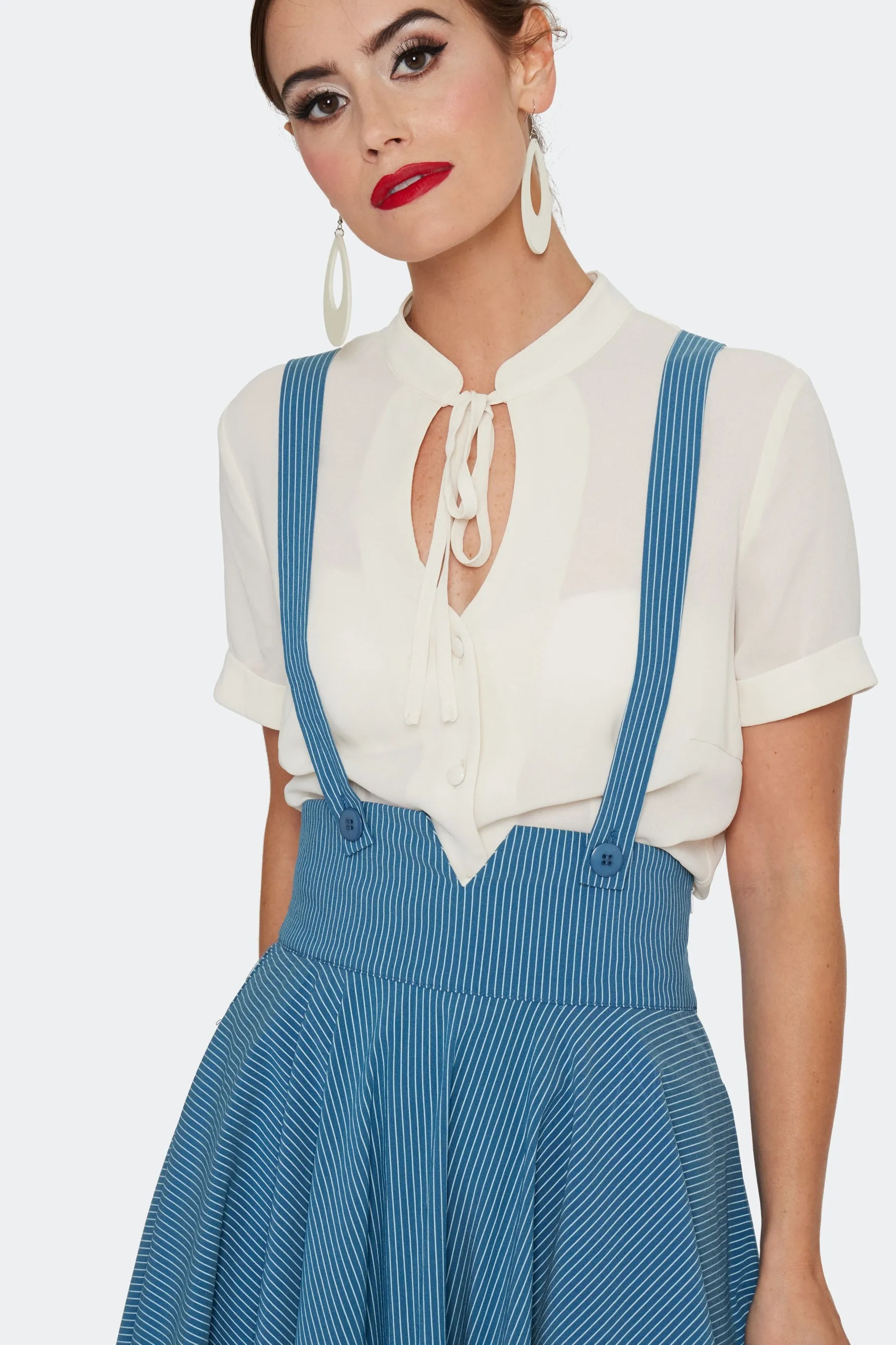 Blue Pinstripe High Waisted Phoebe Skirt by Voodoo Vixen