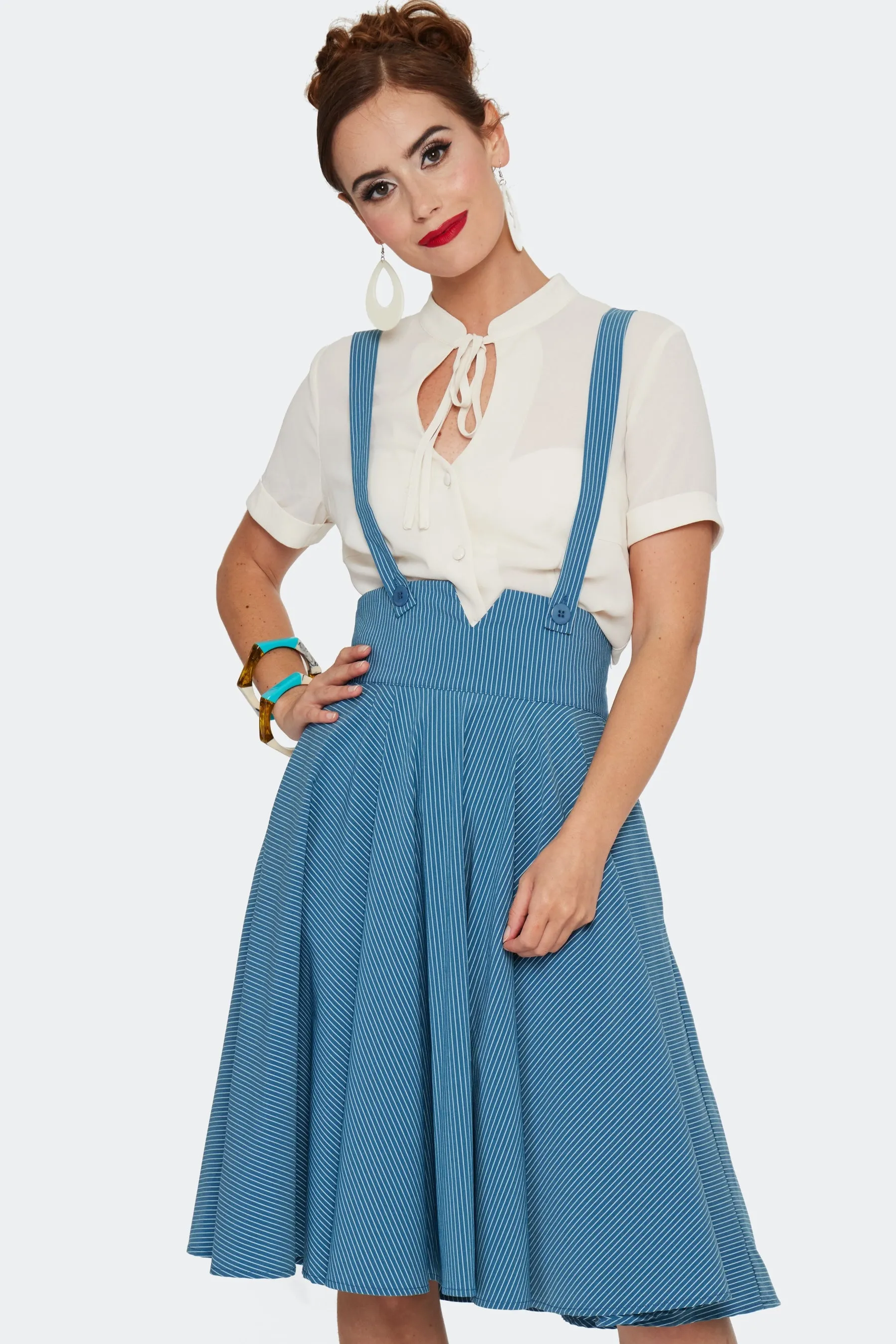 Blue Pinstripe High Waisted Phoebe Skirt by Voodoo Vixen