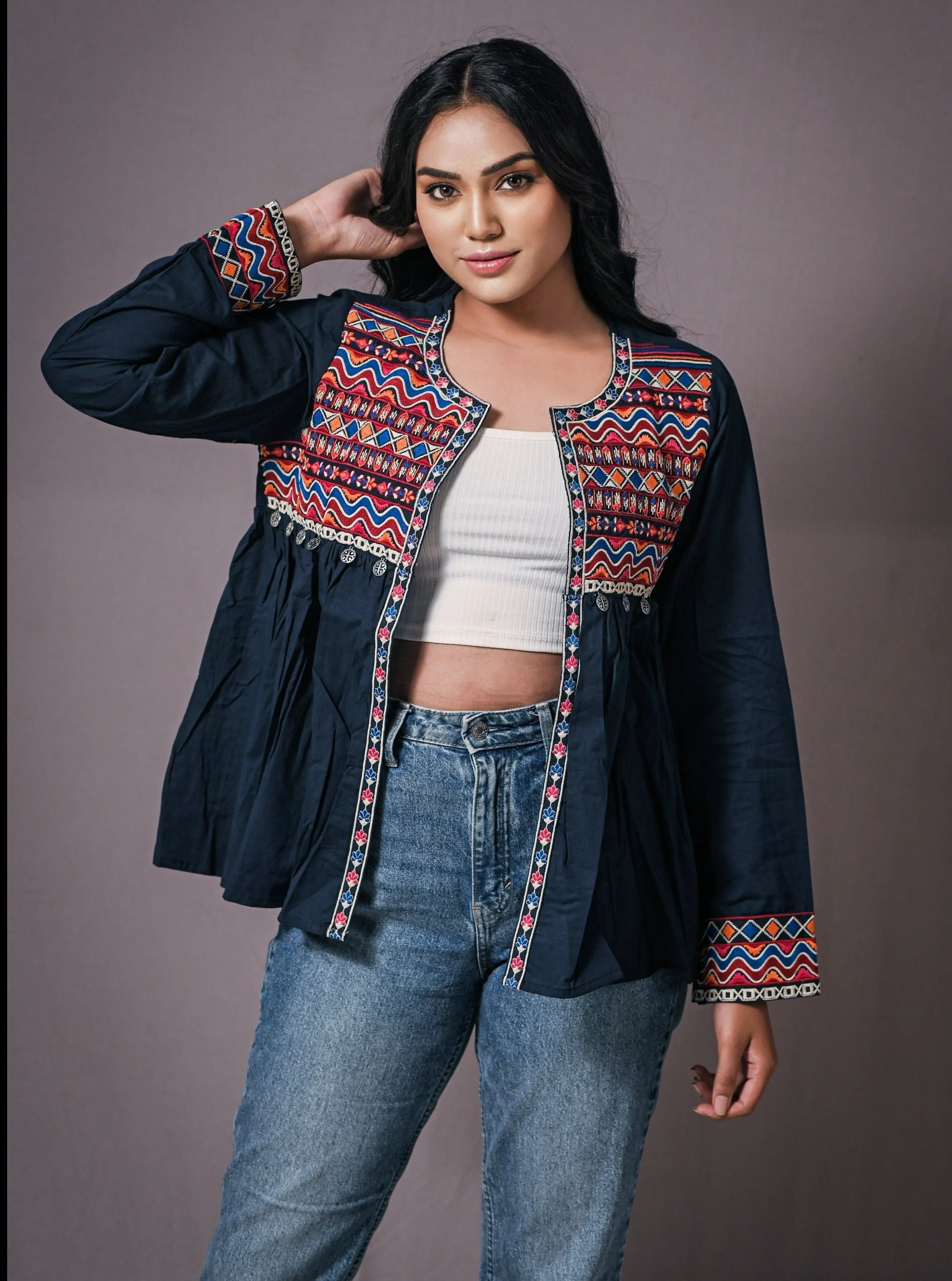 Bohemian Dress Style Cotton Jackets For Women [Navy]