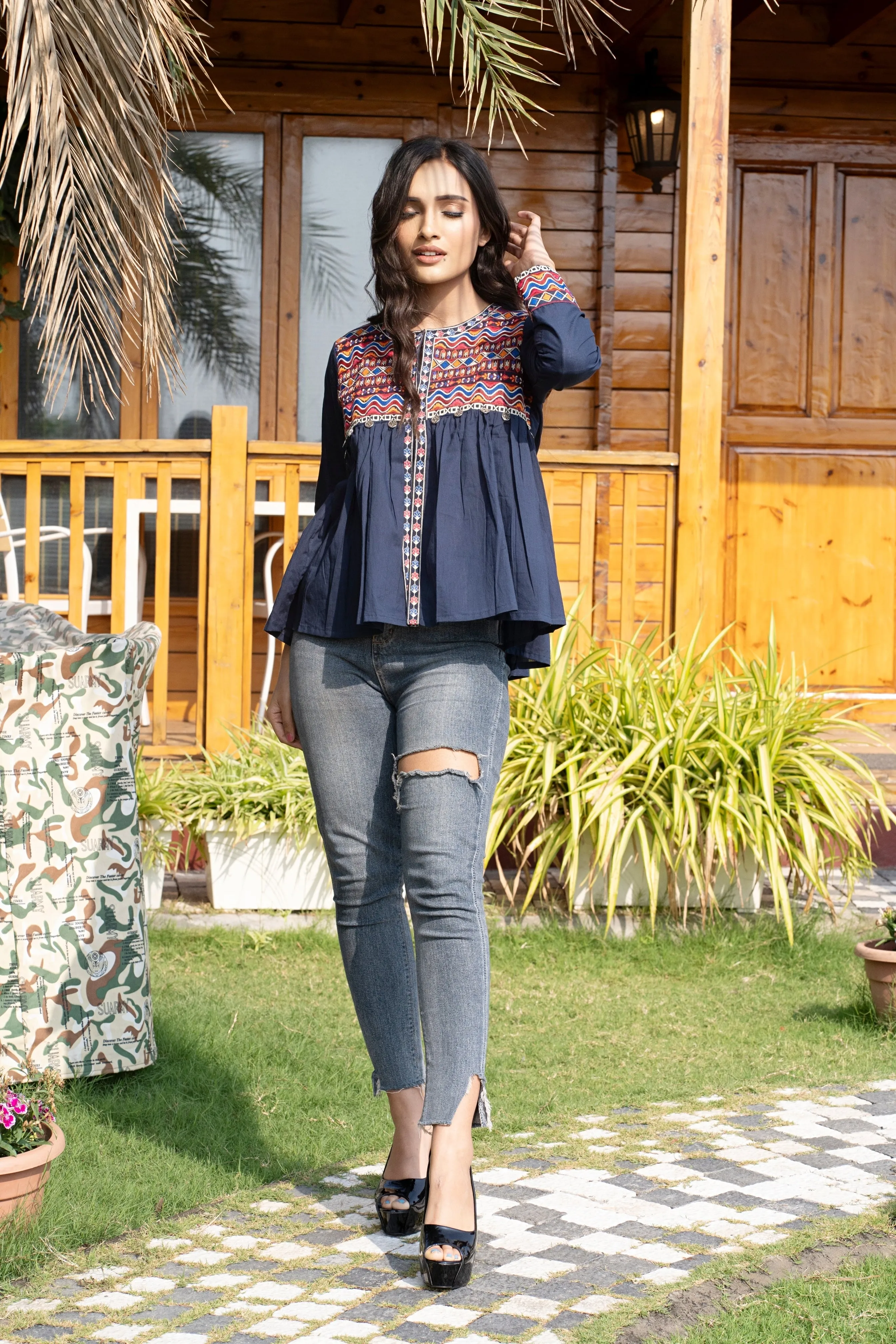 Bohemian Dress Style Cotton Jackets For Women [Navy]