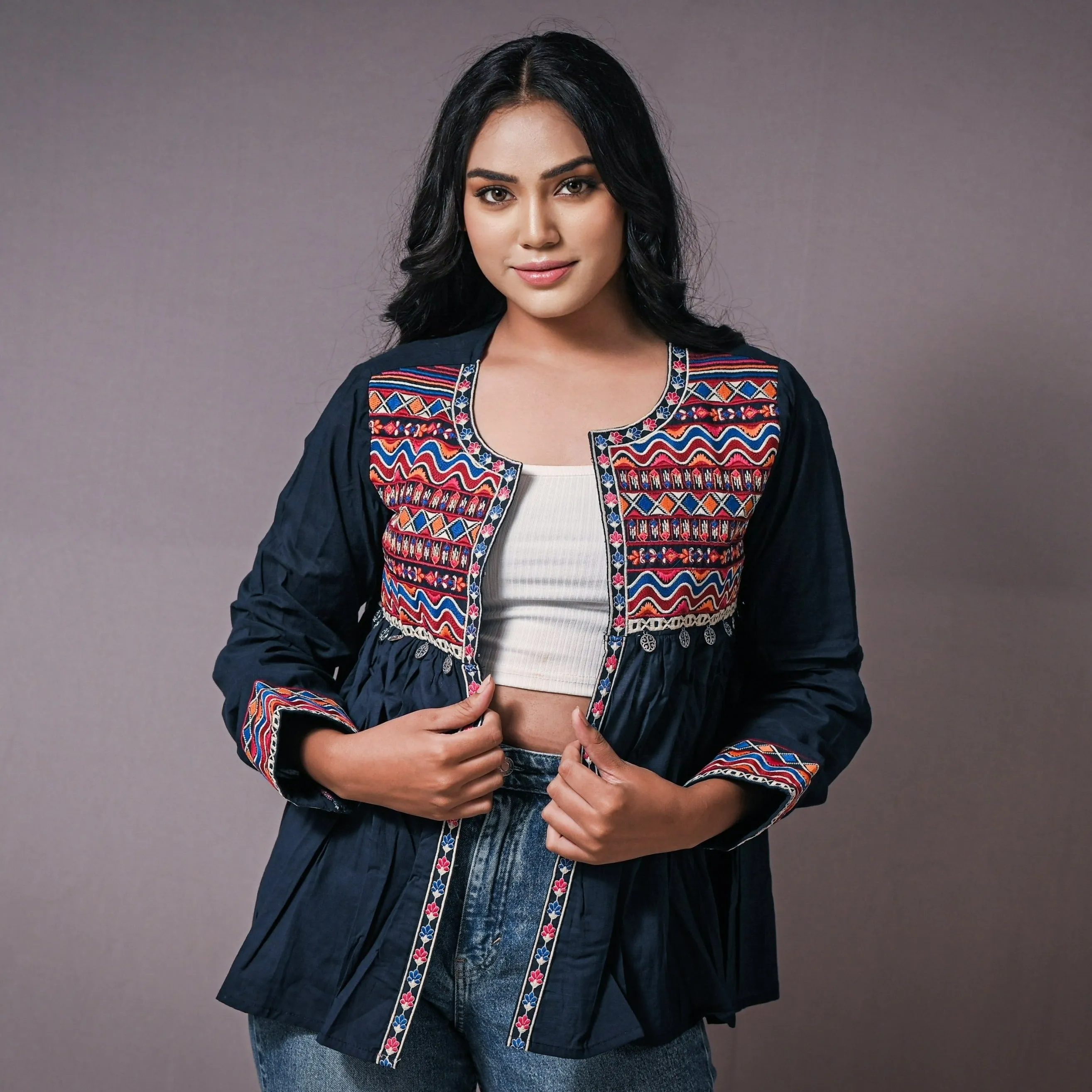 Bohemian Dress Style Cotton Jackets For Women [Navy]
