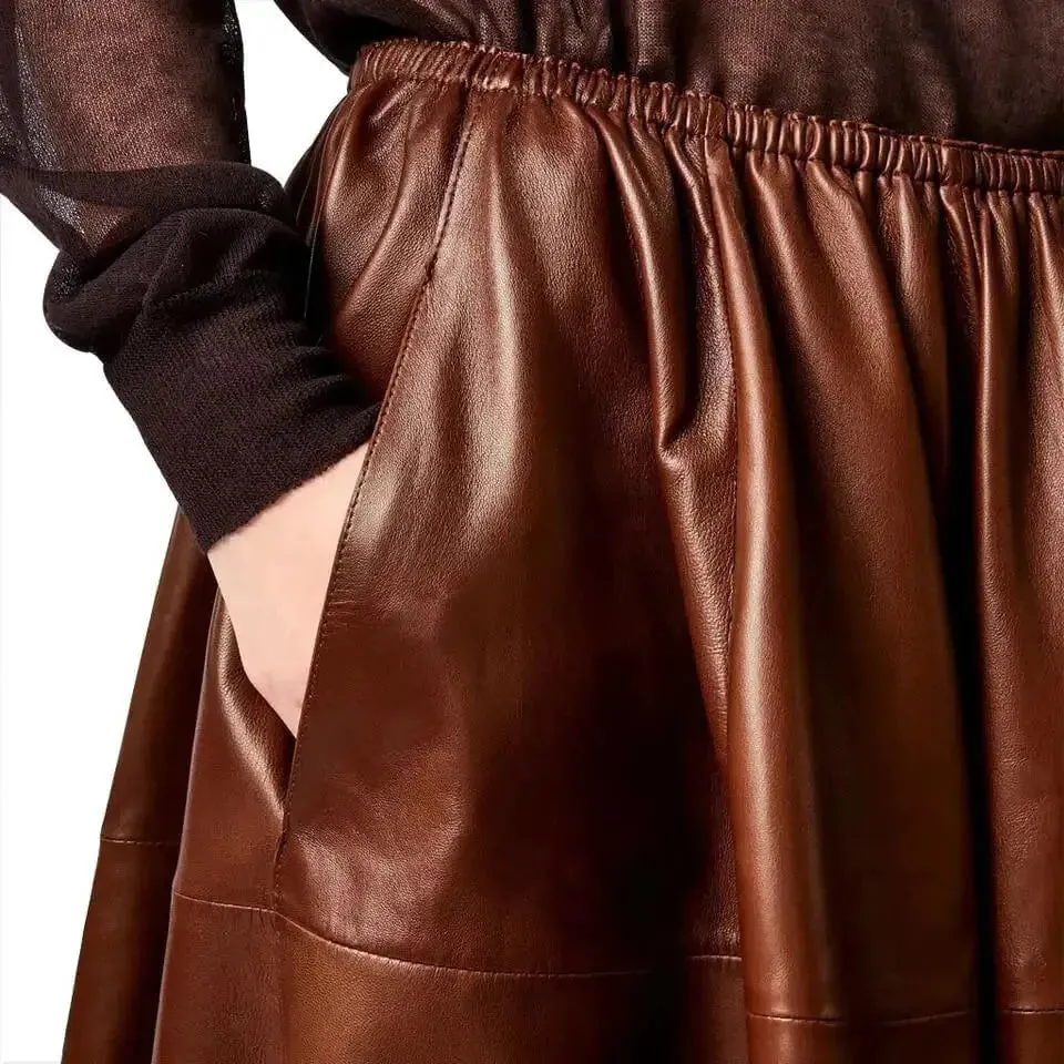 Brown Real Leather A-Line Midi Skirt – Elegant & Flowy Fashion