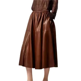 Brown Real Leather A-Line Midi Skirt – Elegant & Flowy Fashion