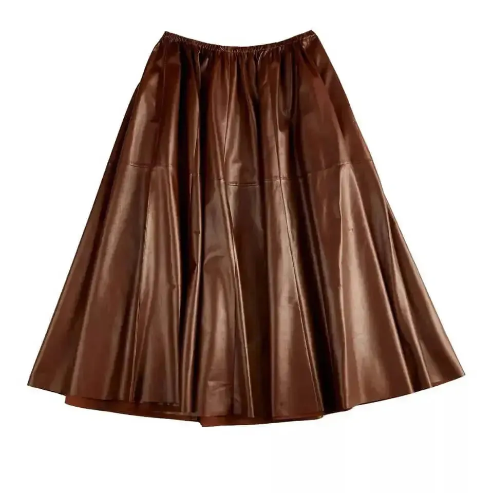 Brown Real Leather A-Line Midi Skirt – Elegant & Flowy Fashion