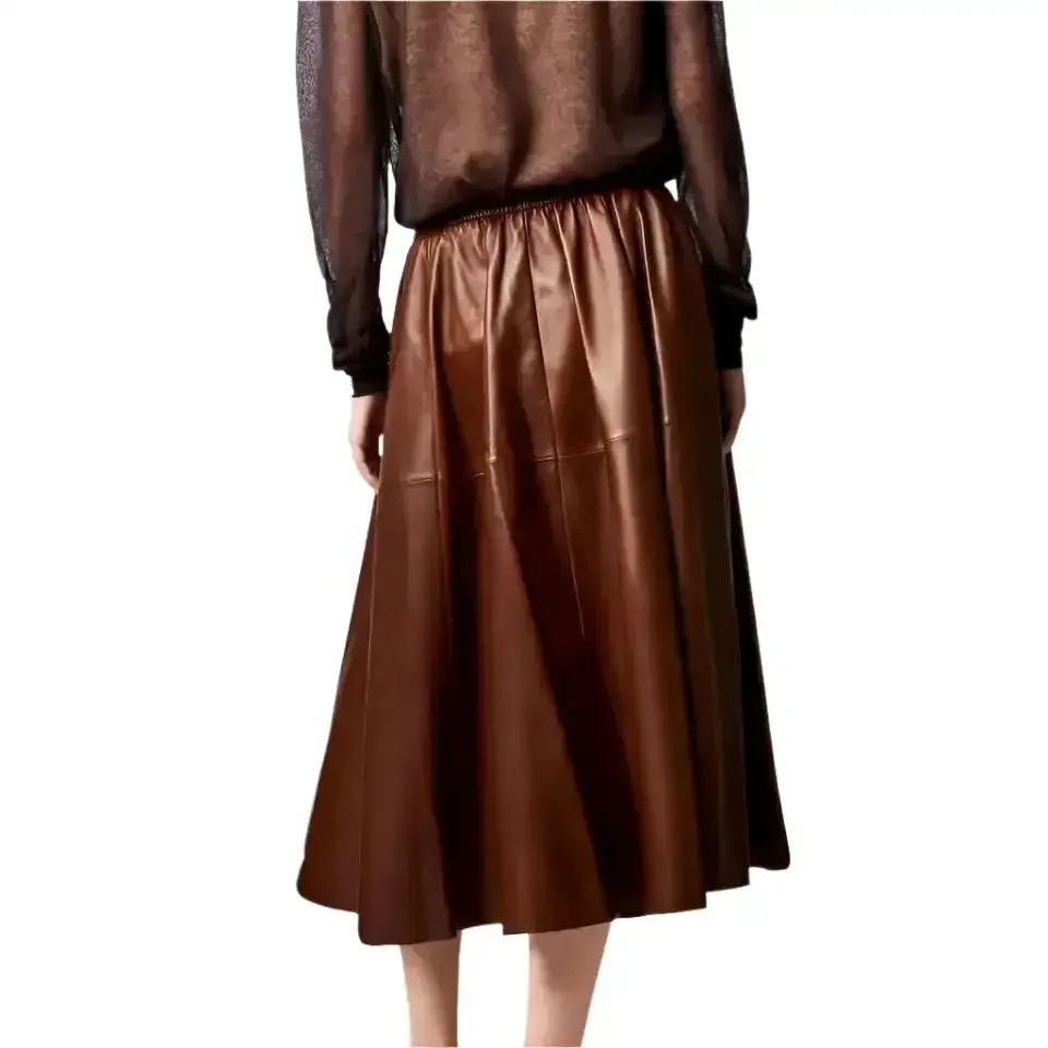 Brown Real Leather A-Line Midi Skirt – Elegant & Flowy Fashion