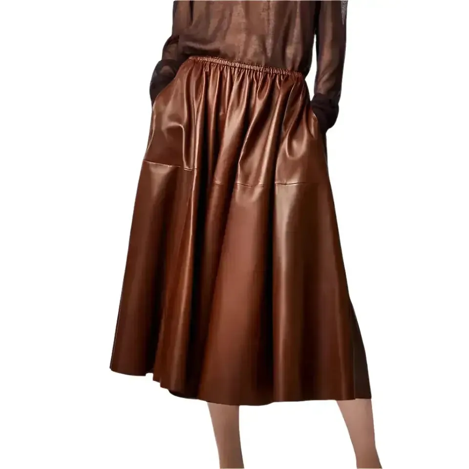 Brown Real Leather A-Line Midi Skirt – Elegant & Flowy Fashion