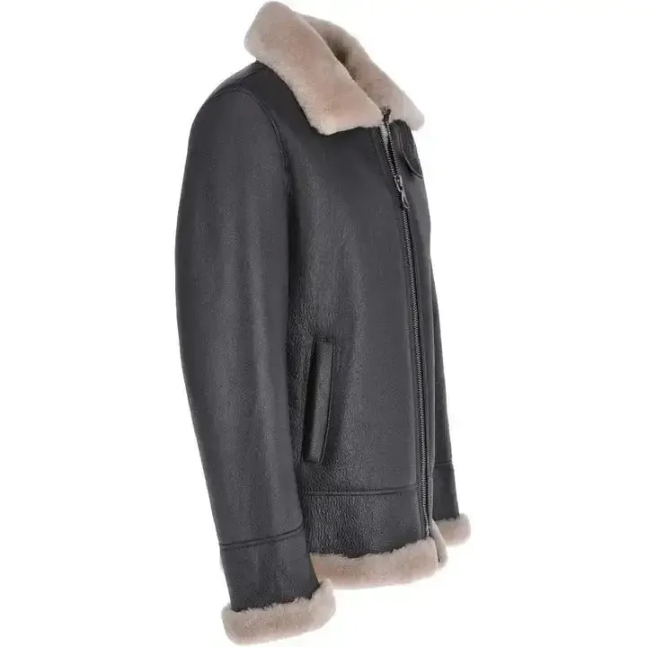 Brown Shearling Jacket Men's Black Leather Bomber Jacket
