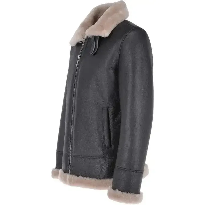 Brown Shearling Jacket Men's Black Leather Bomber Jacket