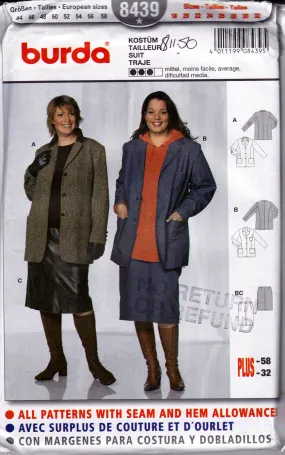 Burda 8439 Womens Skirt & Coat 1990s Vintage Sewing Pattern Sizes 18 - 32 UNCUT Factory Folded