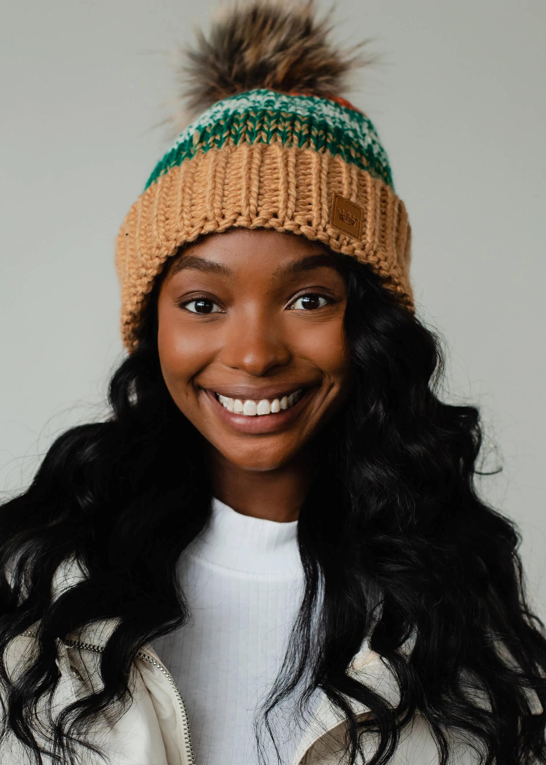 Camel, Green & Orange Patterned Pom Hat *final sale
