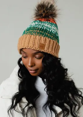 Camel, Green & Orange Patterned Pom Hat *final sale