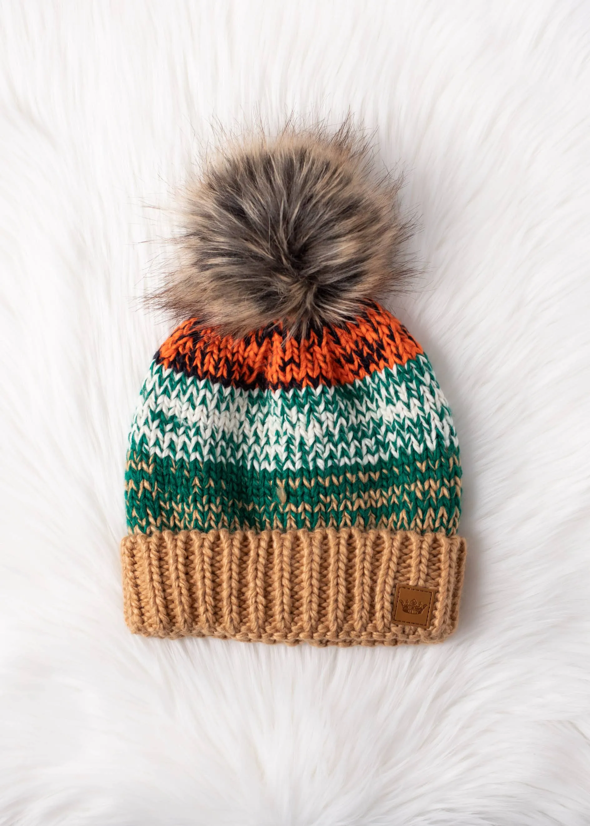 Camel, Green & Orange Patterned Pom Hat *final sale