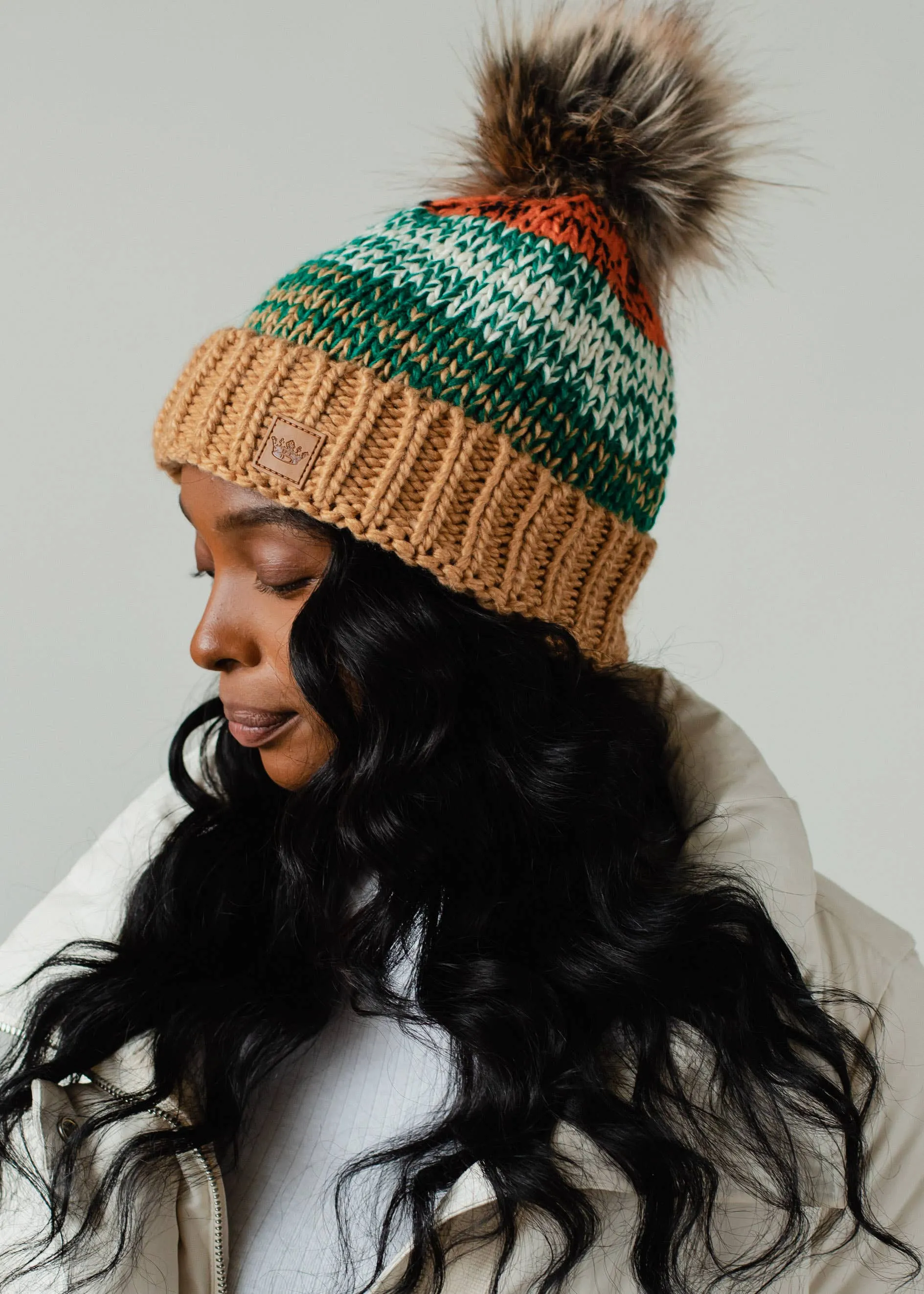 Camel, Green & Orange Patterned Pom Hat *final sale