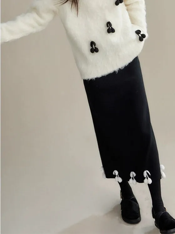 Cherry Decoration Contrast Color Knitted Skirt