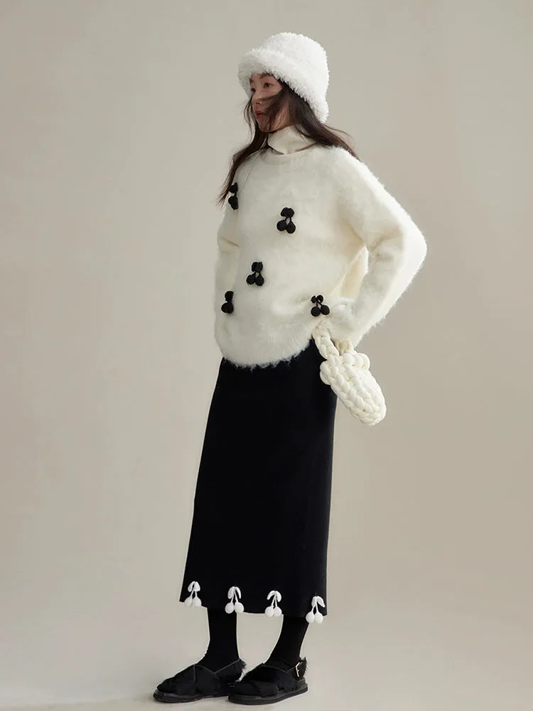 Cherry Decoration Contrast Color Knitted Skirt