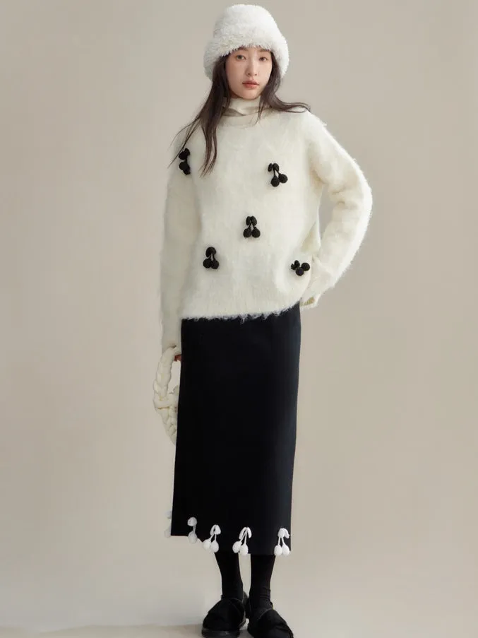 Cherry Decoration Contrast Color Knitted Skirt