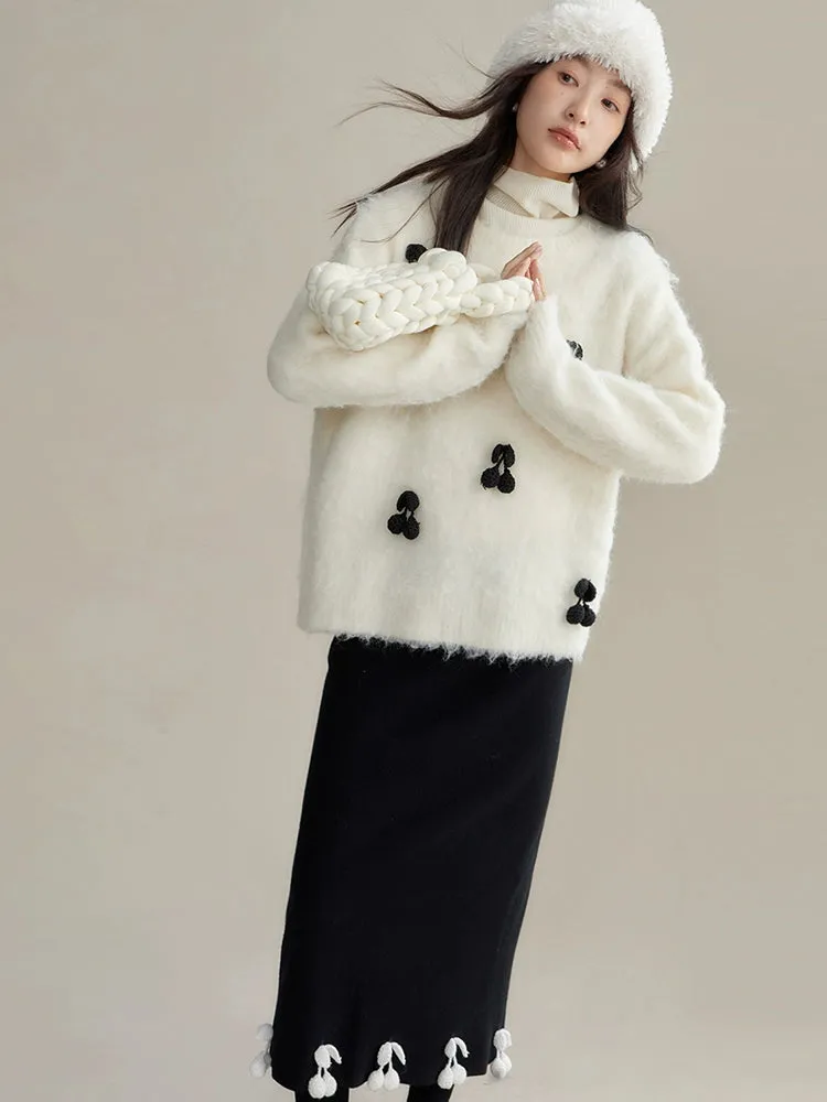 Cherry Decoration Contrast Color Knitted Skirt