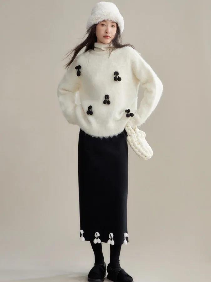 Cherry Decoration Contrast Color Knitted Skirt