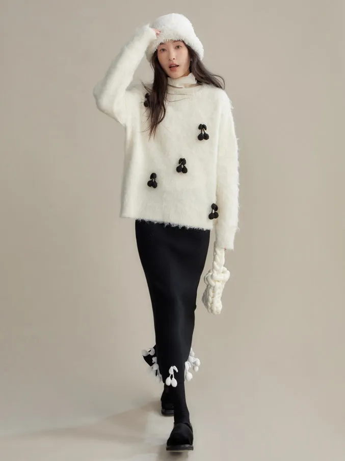 Cherry Decoration Contrast Color Knitted Skirt