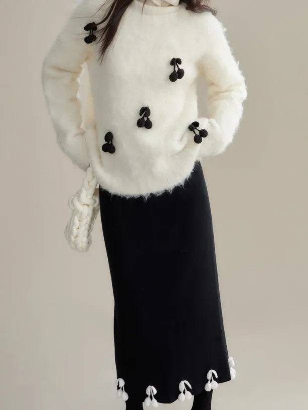 Cherry Decoration Contrast Color Knitted Skirt