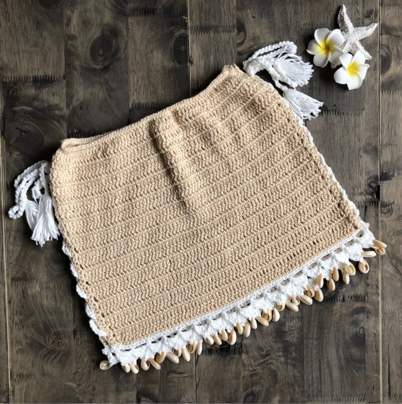 Crochet Cowrie Shell Trimmed Lace Up Mini Skirt - 2 Colours